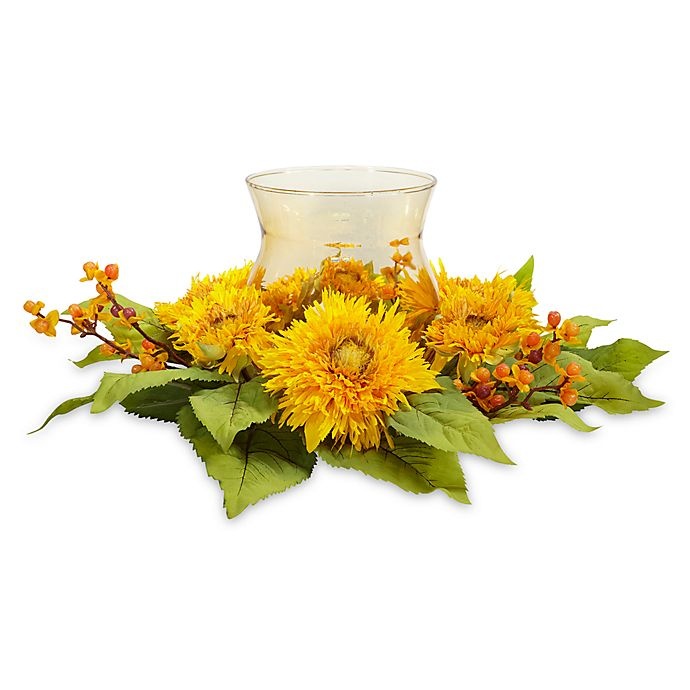 slide 1 of 1, Nearly Natural Golden Sunflower Candelabrum Silk Flower Arrangement, 7.5 in