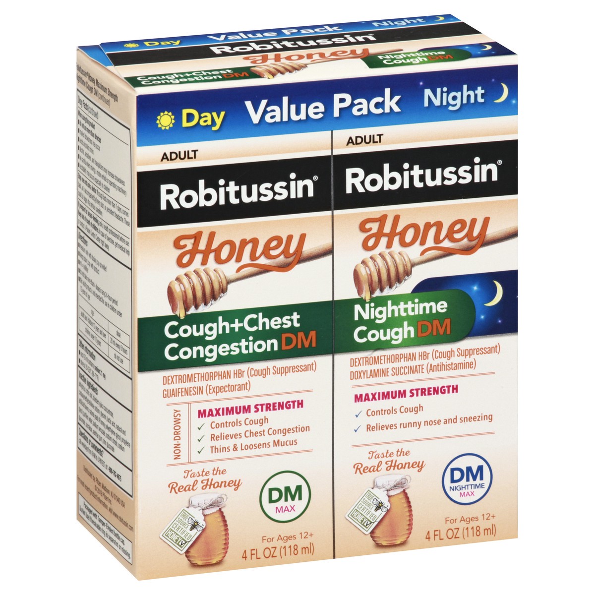 slide 8 of 9, Robitussin Maximum Strength Honey Cough + Chest Congestion DM and Maximum Strength Honey Nighttime Cough DM, 2 ct; 4 fl oz