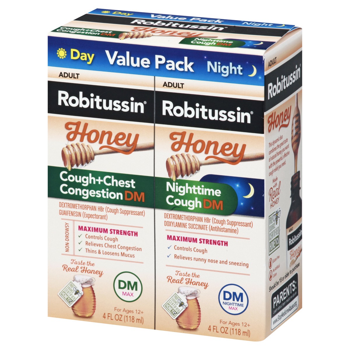 slide 9 of 9, Robitussin Maximum Strength Honey Cough + Chest Congestion DM and Maximum Strength Honey Nighttime Cough DM, 2 ct; 4 fl oz