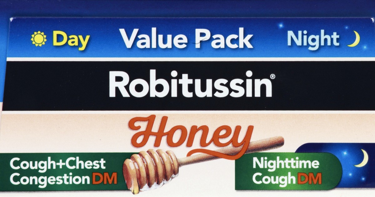 slide 3 of 9, Robitussin Maximum Strength Honey Cough + Chest Congestion DM and Maximum Strength Honey Nighttime Cough DM, 2 ct; 4 fl oz