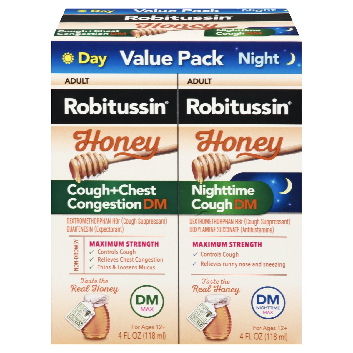 slide 1 of 1, Robitussin Honey Adult Cough + Chest Congestion DM Maximum Strength Liquid & Honey Adult Nighttime Cough, 2 ct; 4 fl oz