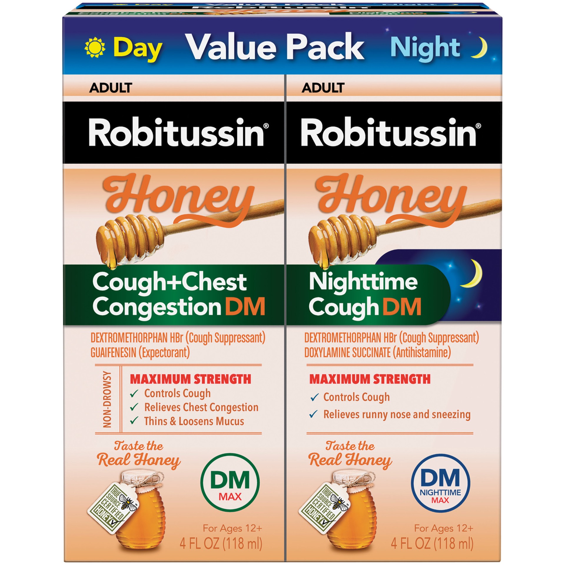 slide 1 of 9, Robitussin Maximum Strength Honey Cough + Chest Congestion DM and Maximum Strength Honey Nighttime Cough DM, 2 ct; 4 fl oz