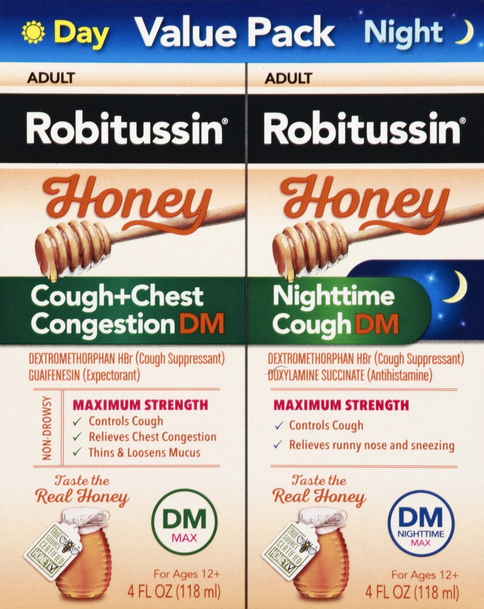 slide 2 of 9, Robitussin Maximum Strength Honey Cough + Chest Congestion DM and Maximum Strength Honey Nighttime Cough DM, 2 ct; 4 fl oz