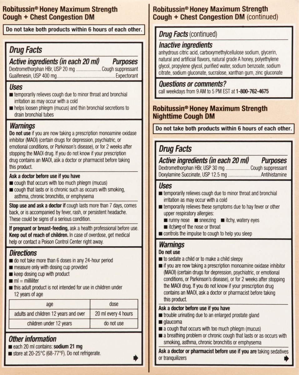 slide 5 of 9, Robitussin Maximum Strength Honey Cough + Chest Congestion DM and Maximum Strength Honey Nighttime Cough DM, 2 ct; 4 fl oz