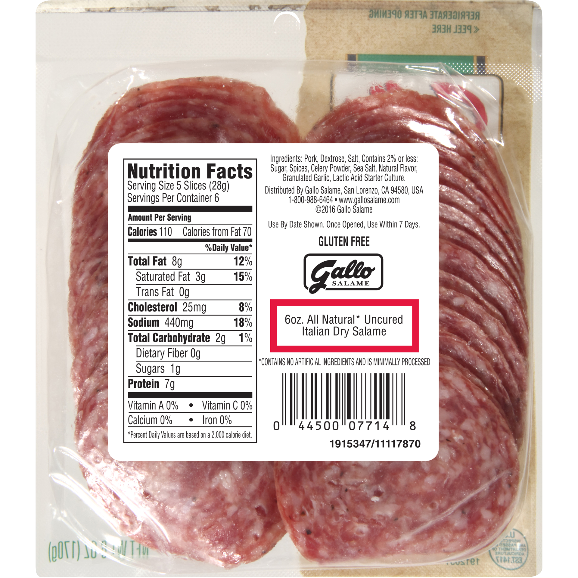 slide 2 of 5, Gallo Salame Deli Thin Sliced All Natural* Uncured Salami Lunch Meat, 6 oz, 6 oz