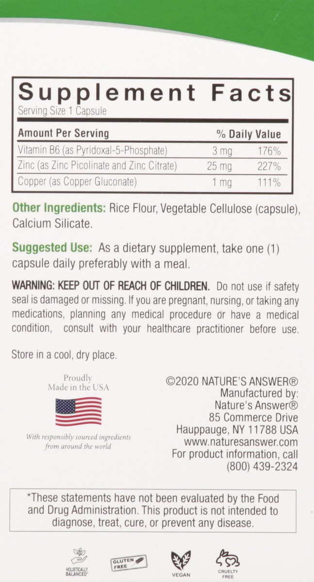slide 2 of 13, Nature's Answer 25 mg Vegetarian Capsules Zinc Plus 60 ea, 60 ct