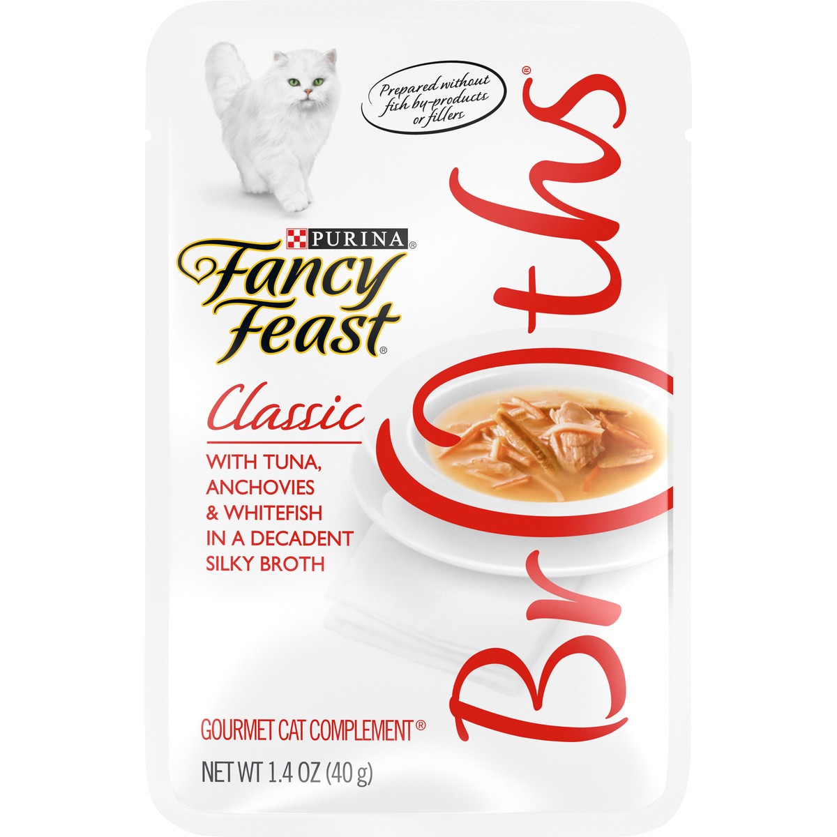 slide 14 of 16, Fancy Feast Purina Fancy Feast Broths Classic with Tuna, Anchovies & Whitefish Gourmet Cat Complement, 1.4 oz