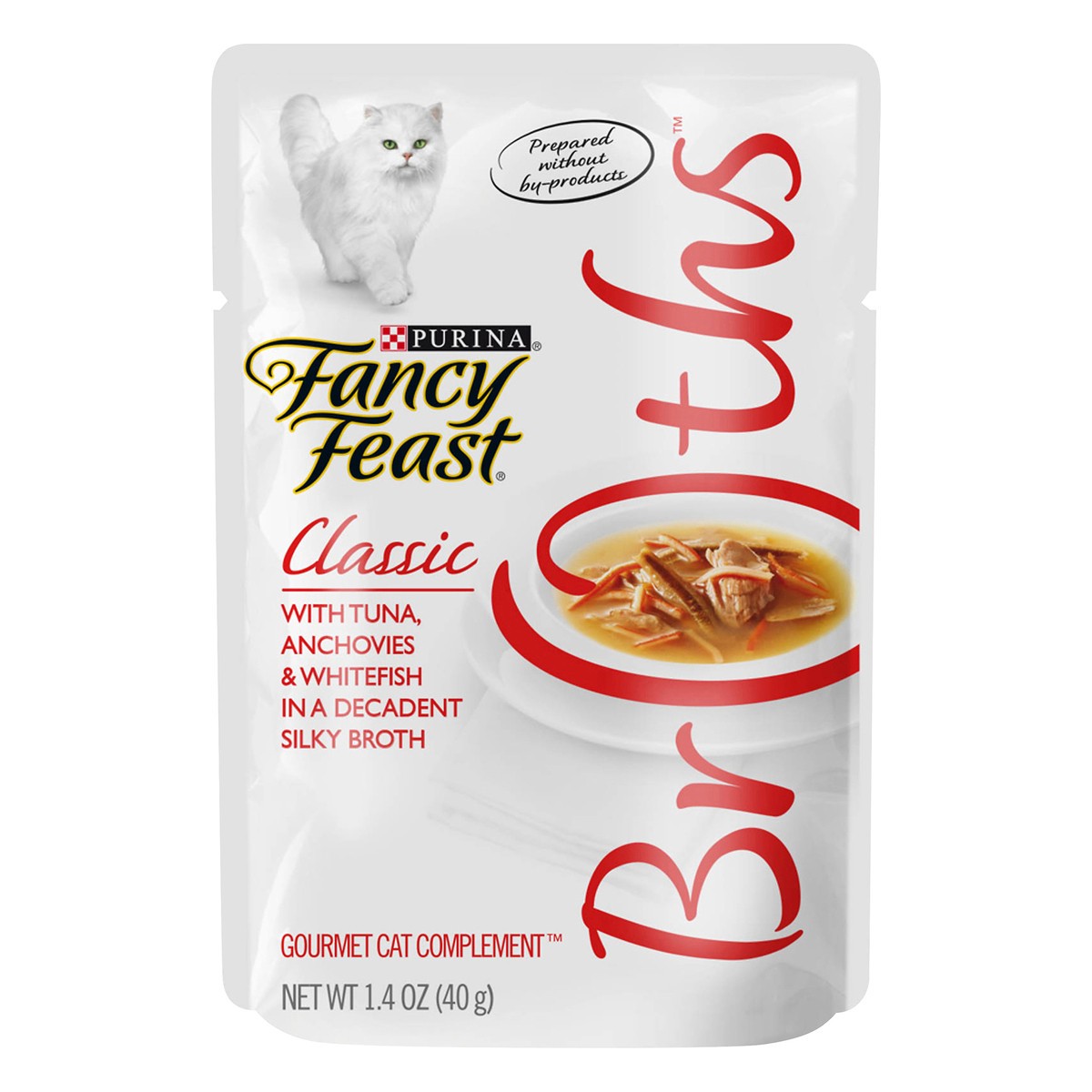 slide 4 of 16, Fancy Feast Purina Fancy Feast Broths Classic with Tuna, Anchovies & Whitefish Gourmet Cat Complement, 1.4 oz