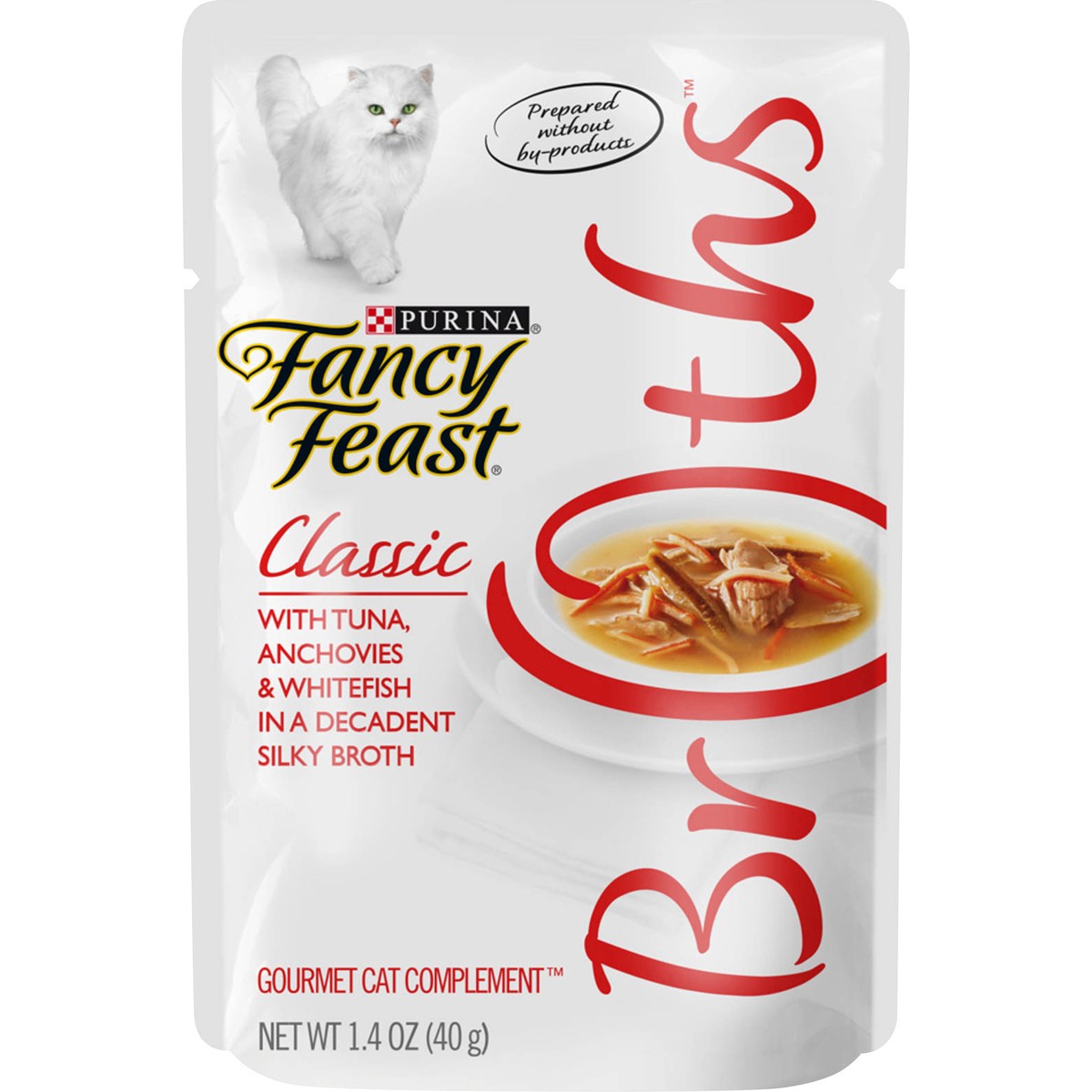 slide 1 of 16, Fancy Feast Purina Fancy Feast Broths Classic with Tuna, Anchovies & Whitefish Gourmet Cat Complement, 1.4 oz