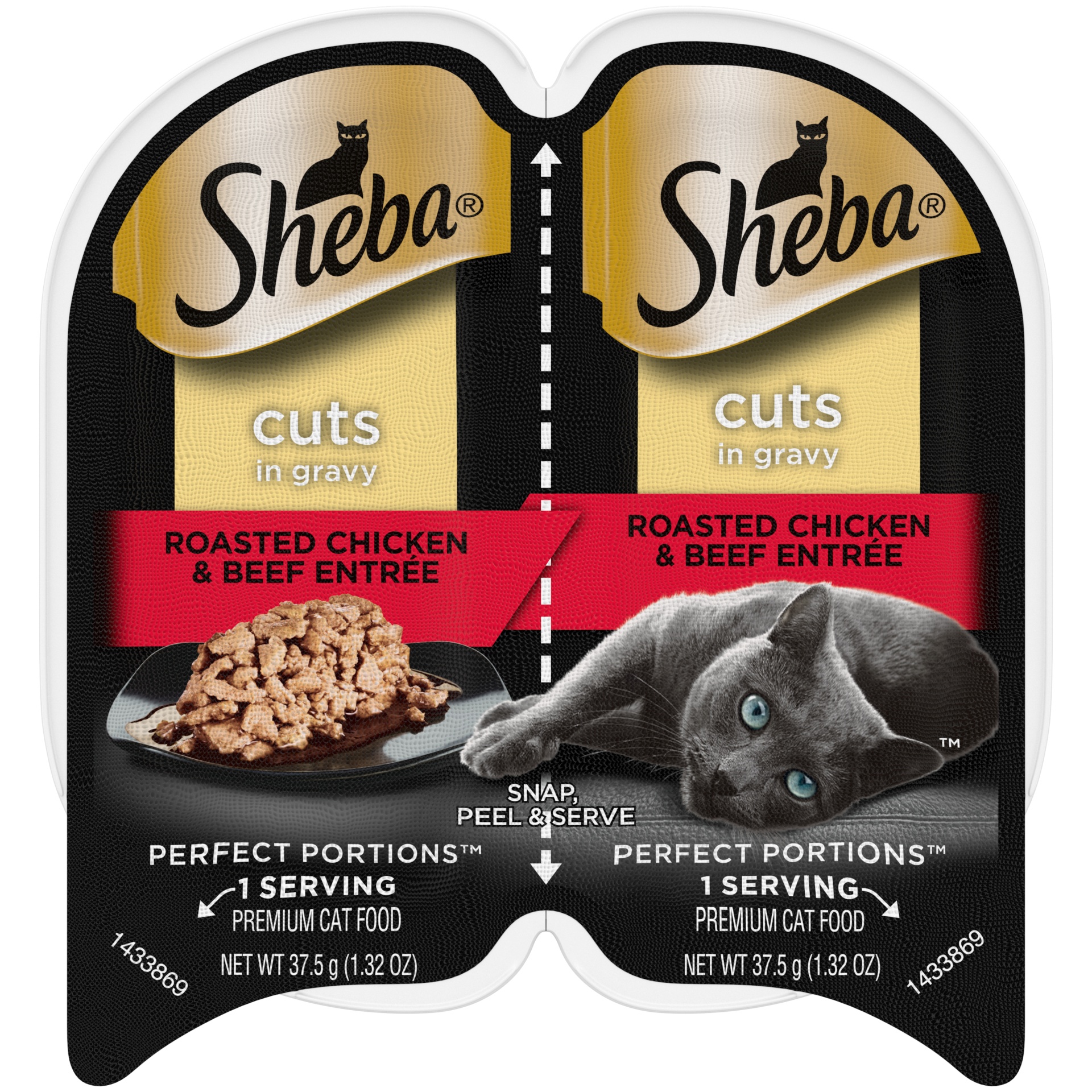 slide 1 of 4, SHEBA Wet Cat Food Cuts in Gravy Roasted Chicken & Beef Entree, (24) PERFECT PORTIONS Twin-Pack Trays, 2.64 oz