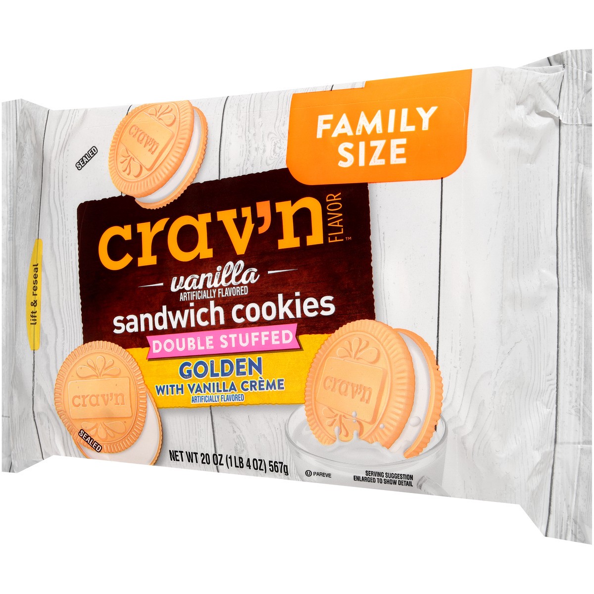 slide 3 of 9, Crav'n Flavor Golden With Vanilla Creme Double Stuffed Vanilla Sandwich Cookies - 20 oz, 20 oz