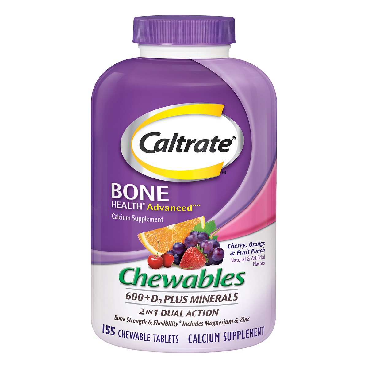 slide 1 of 7, Caltrate 600+D3 Plus Minerals (Cherry, Orange, and Fruit Punch, 155 Count) Calcium & Vitamin D3 Chewable Supplement, 600mg, 155 ct