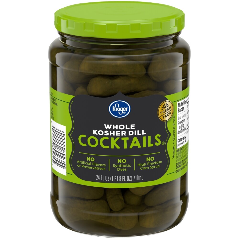 slide 1 of 1, Kroger Whole Kosher Dill Cocktail Pickles, 24 fl oz
