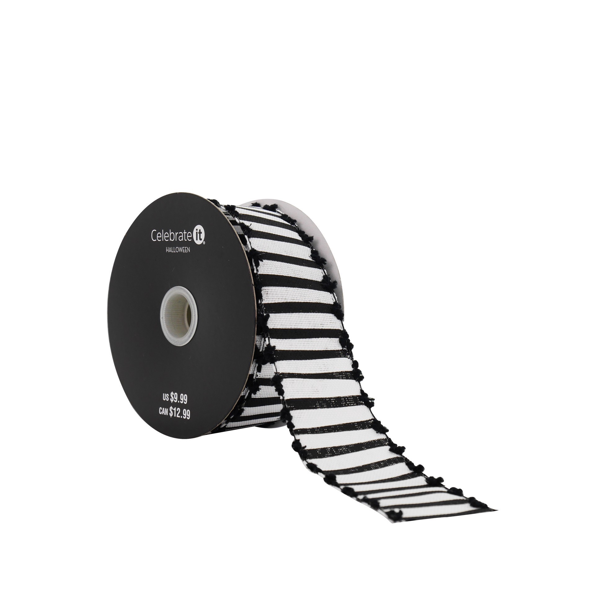 slide 2 of 3, 1.5" X 10yd. Black & White Striped With Pom Pom Edge Wired Faux Linen Ribbon By Celebrate It Halloween, 1.5 in x 10 yd