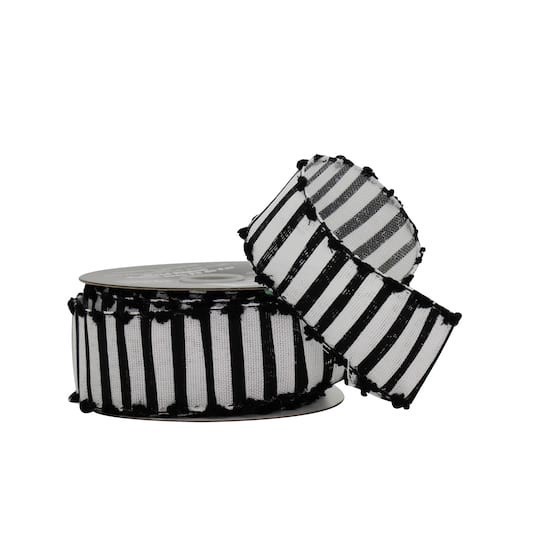 slide 1 of 3, 1.5" X 10yd. Black & White Striped With Pom Pom Edge Wired Faux Linen Ribbon By Celebrate It Halloween, 1.5 in x 10 yd