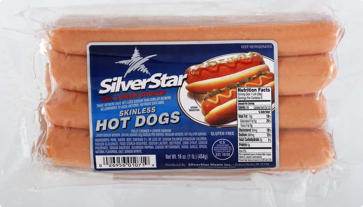 slide 4 of 13, SilverStar 38% Lower Sodium Skinless Hot Dogs 16 oz, 16 oz