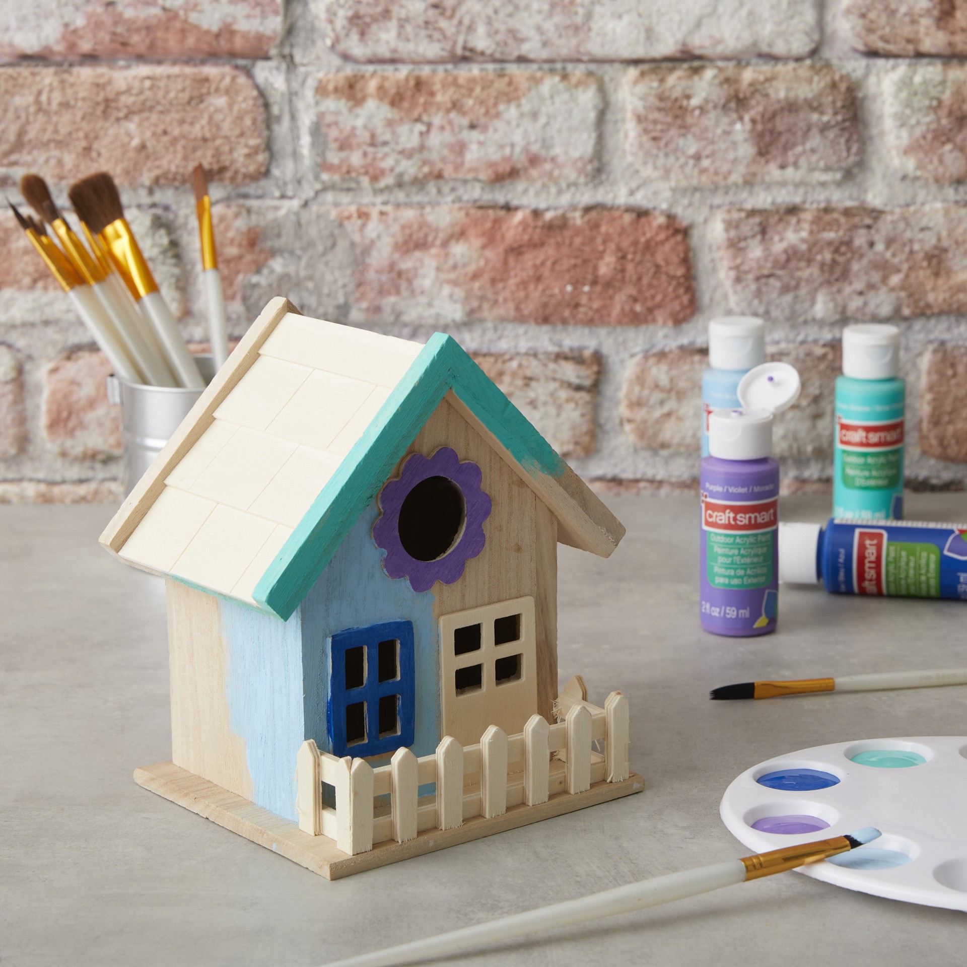 slide 3 of 3, 7" Wood Birdhouse With Fence By Make Market, 6.3 in x 5.12 in x 6.89 in