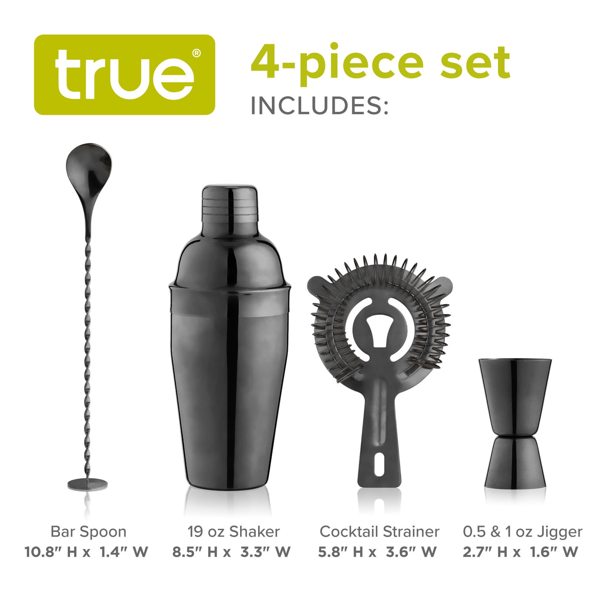 slide 5 of 5, True Barware Set | Cocktail Bar Tools with Cobbler Shaker with Lid, Double Jigger, Muddler Bar Spoon Swizzle Stick, Hawthorne Strainer, Bartender Accessories, Black, 4 ct
