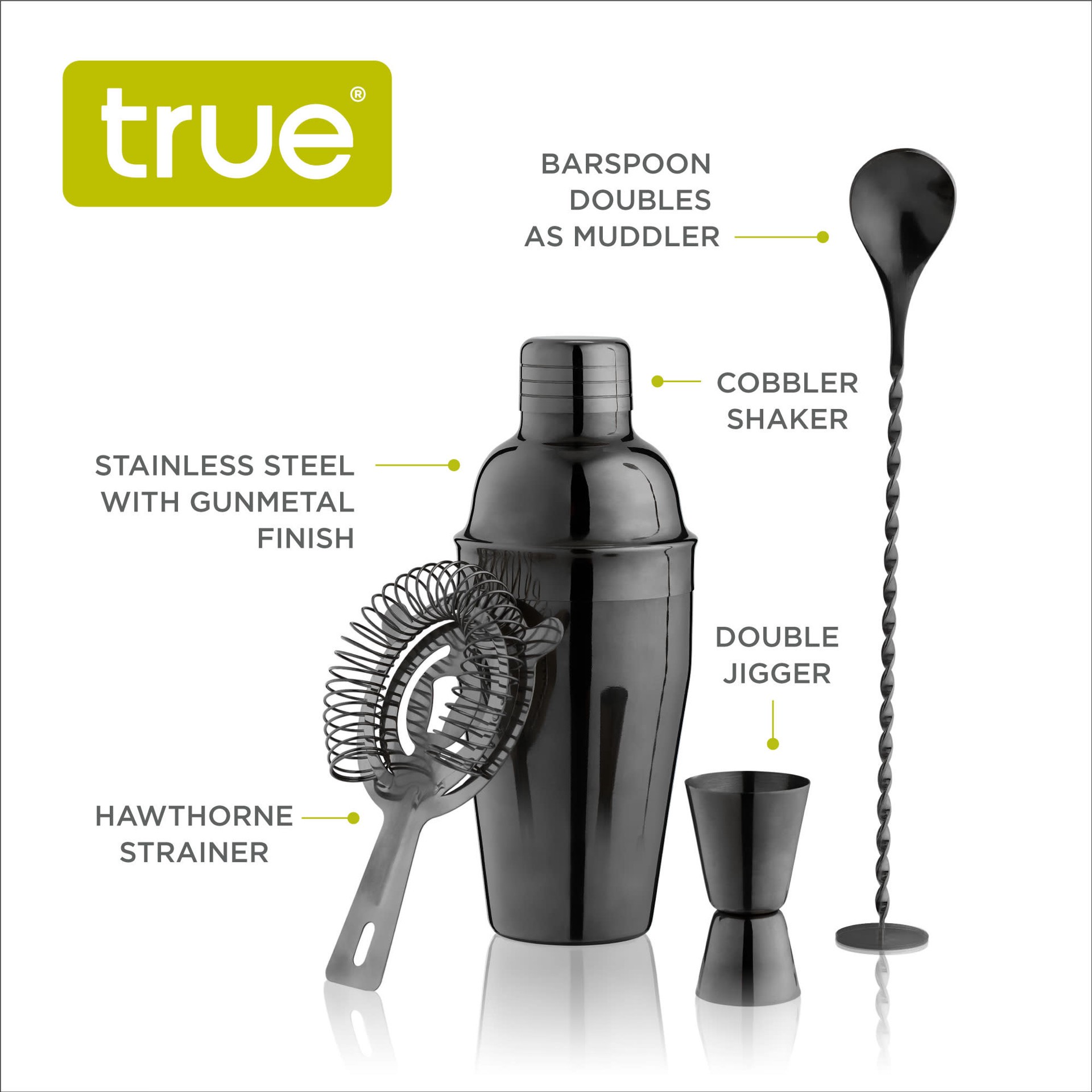slide 2 of 5, True Barware Set | Cocktail Bar Tools with Cobbler Shaker with Lid, Double Jigger, Muddler Bar Spoon Swizzle Stick, Hawthorne Strainer, Bartender Accessories, Black, 4 ct