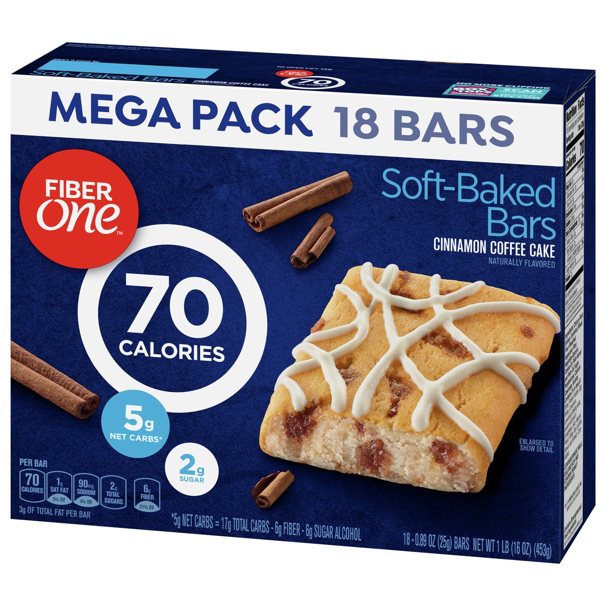 slide 6 of 9, Fiber One 70 Calorie Soft Baked Bars, Cinnamon Coffee Cake, Mega Pack, 18 Ct, 16 oz, 18 ct