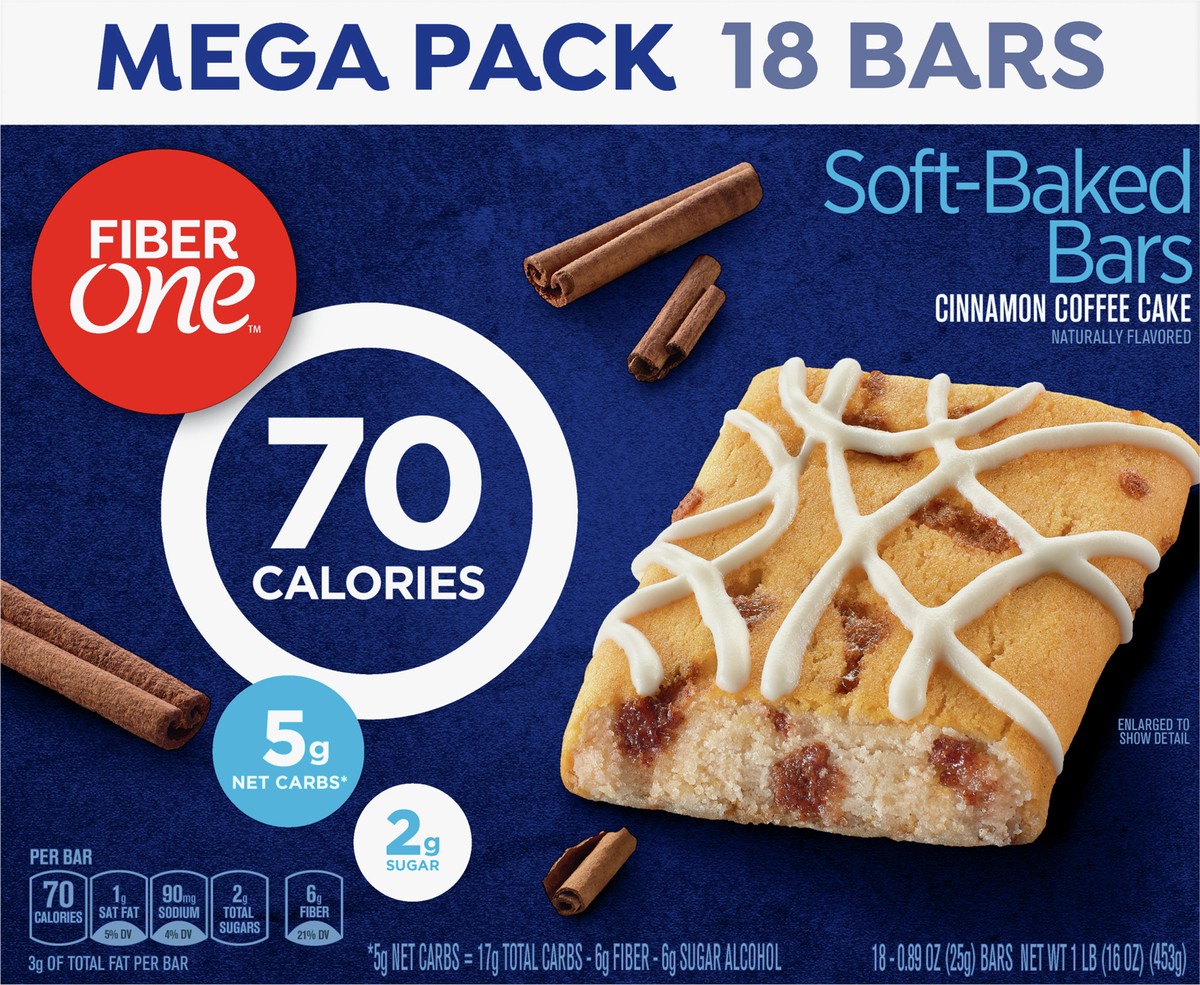 slide 8 of 9, Fiber One 70 Calorie Soft Baked Bars, Cinnamon Coffee Cake, Mega Pack, 18 Ct, 16 oz, 18 ct