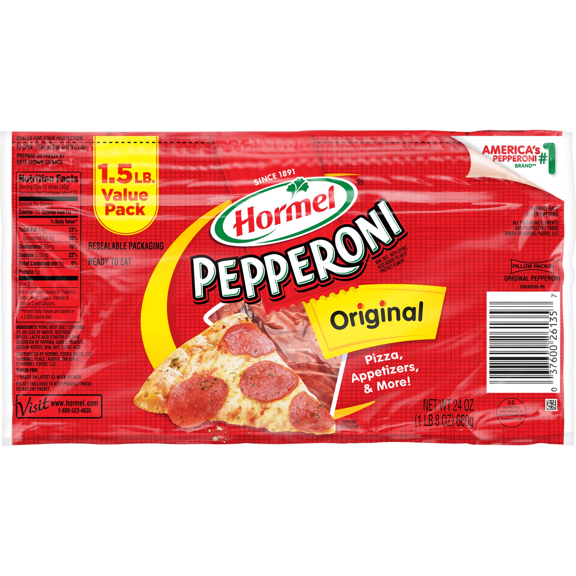 slide 1 of 1, Hormel PILLOW PACK Pepperoni Original, 1.5 lb