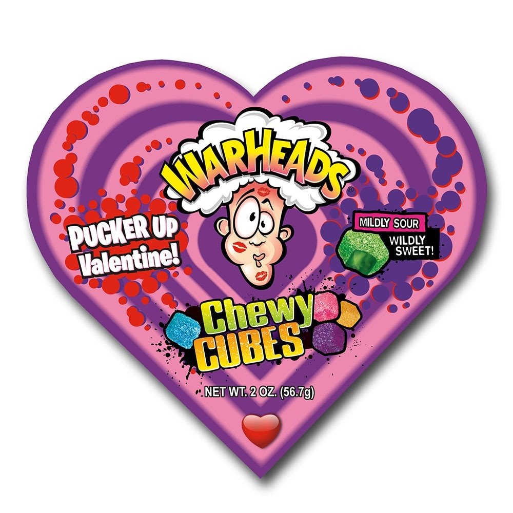 slide 1 of 1, Warheads Sour Chewy Cubes Heart Box Valentine Candy, 2 oz