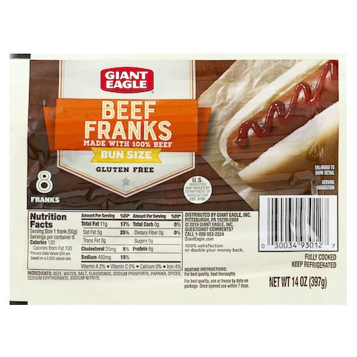 slide 1 of 1, Giant Eagle Beef Franks, Bun Size, 14 oz