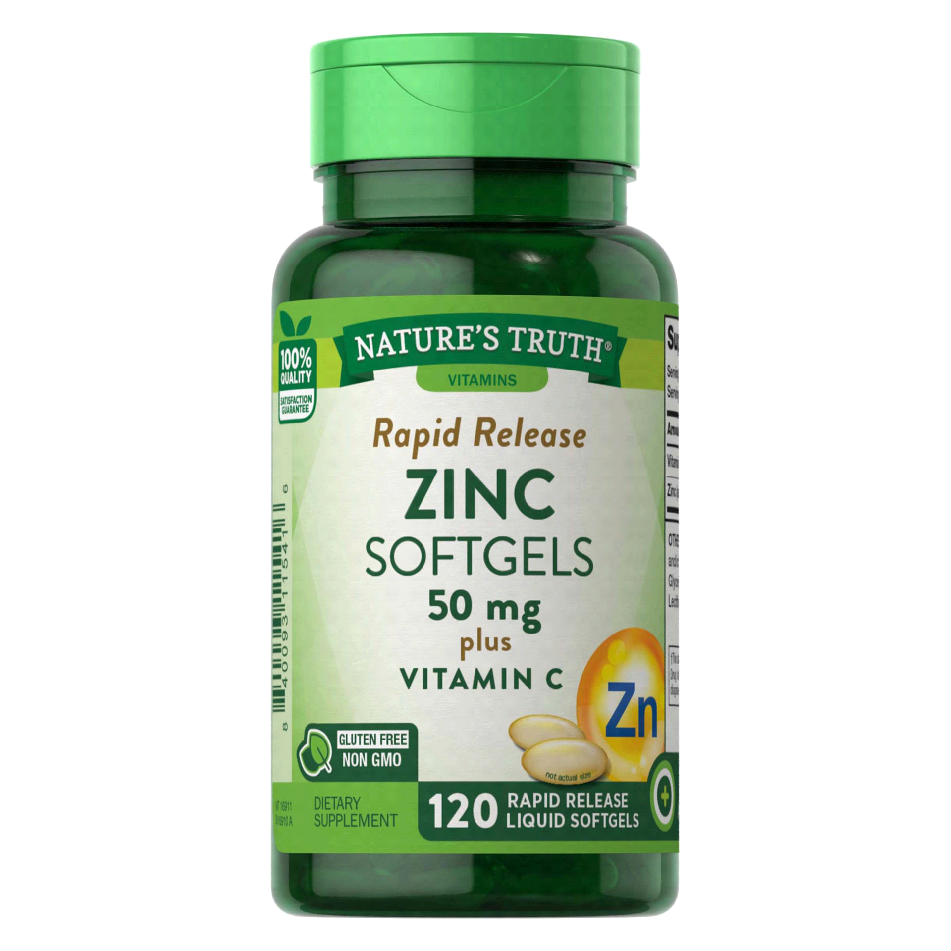 slide 8 of 21, Nature's Truth Rapid Release Liquid Softgels 50 mg Plus Vitamin C Zinc 120 Softgels, 120 ct