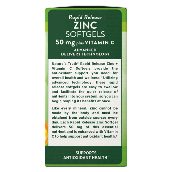 slide 10 of 21, Nature's Truth Rapid Release Liquid Softgels 50 mg Plus Vitamin C Zinc 120 Softgels, 120 ct