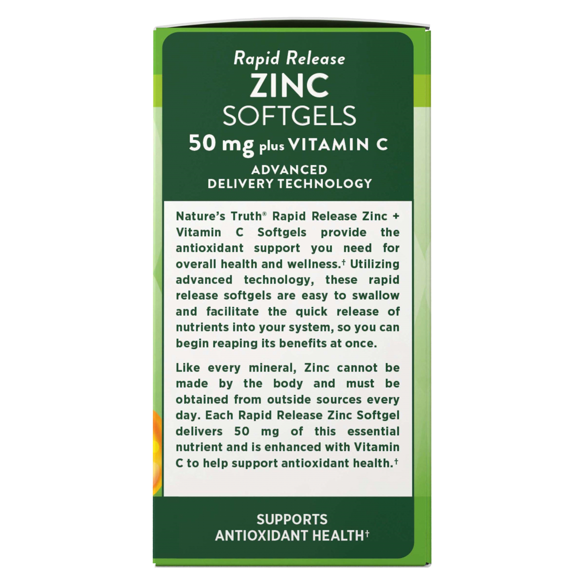 slide 3 of 21, Nature's Truth Rapid Release Liquid Softgels 50 mg Plus Vitamin C Zinc 120 Softgels, 120 ct