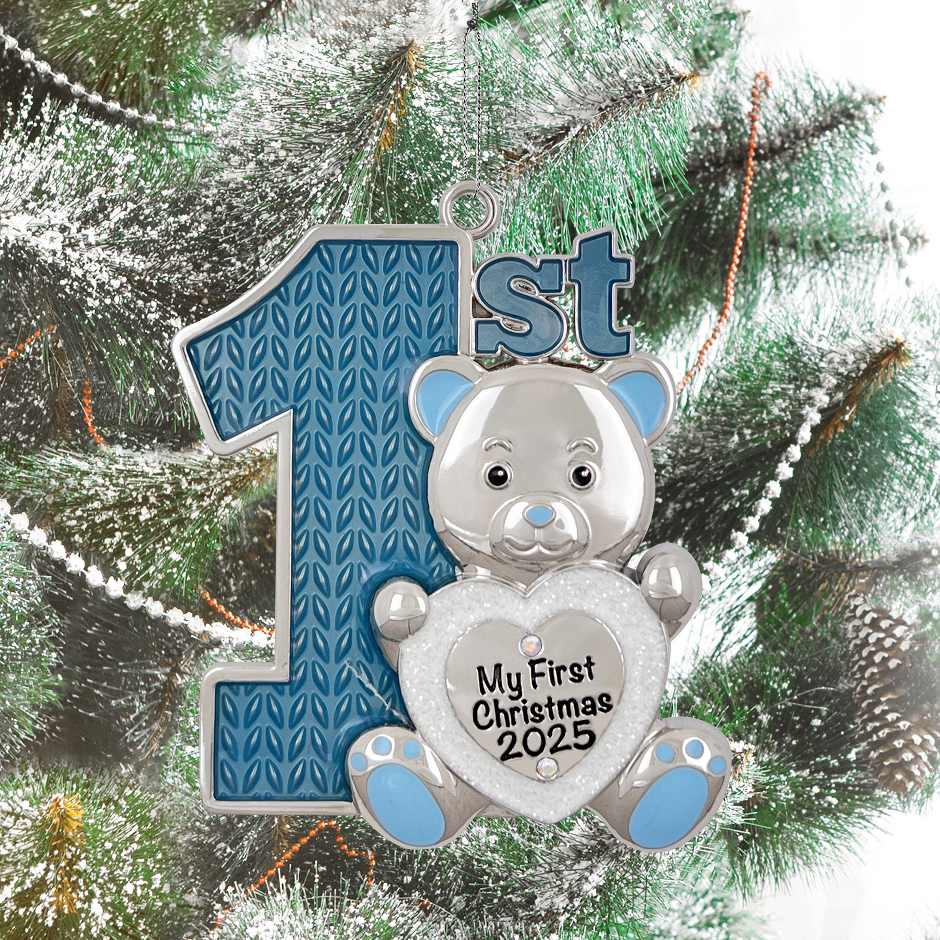 slide 3 of 3, 3" Teddy Bear Blue Metal Ornament By Ashland, 3 in