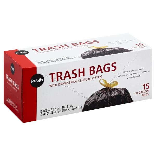 slide 1 of 1, Publix Trash Bags, with Drawstring Closure System, 15 ct