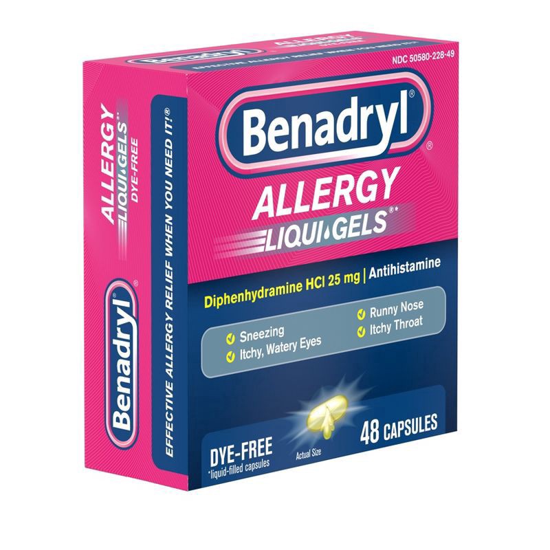 slide 3 of 6, Benadryl Liqui-Gels Antihistamine Allergy Medicine, Dye Free, 48 ct, 48 ct