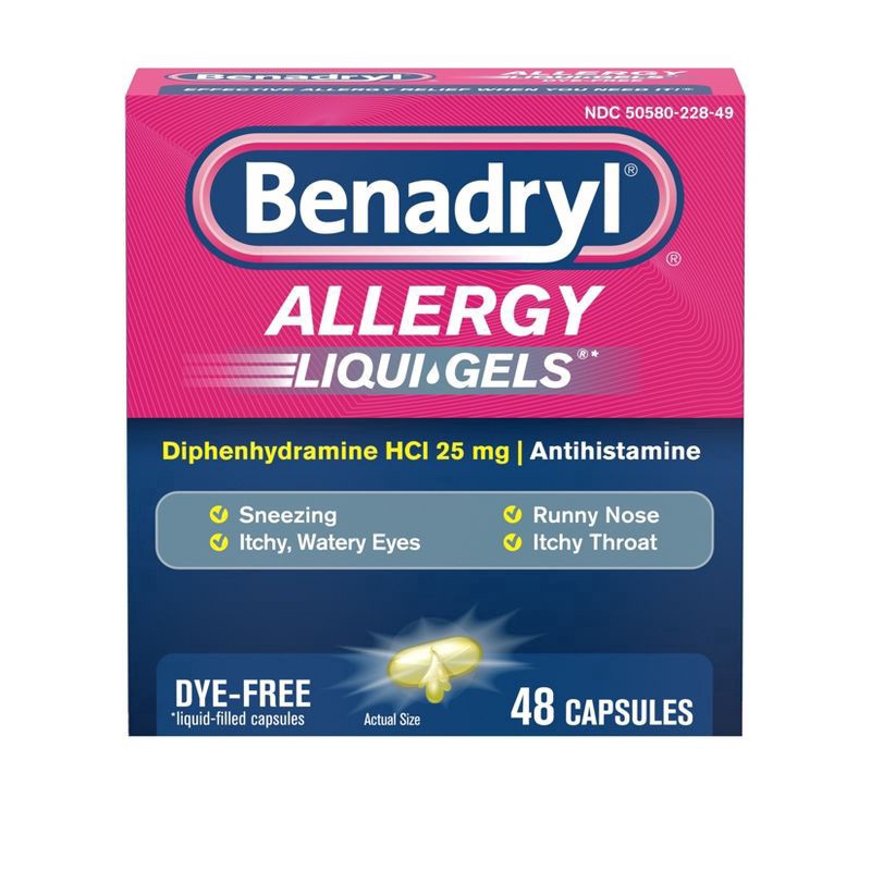 slide 1 of 6, Benadryl Liqui-Gels Antihistamine Allergy Medicine, Dye Free, 48 ct, 48 ct