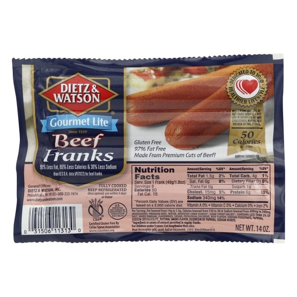 slide 1 of 1, Dietz & Watson Gourmet Lite Beef Franks, 8 ct; 14 oz