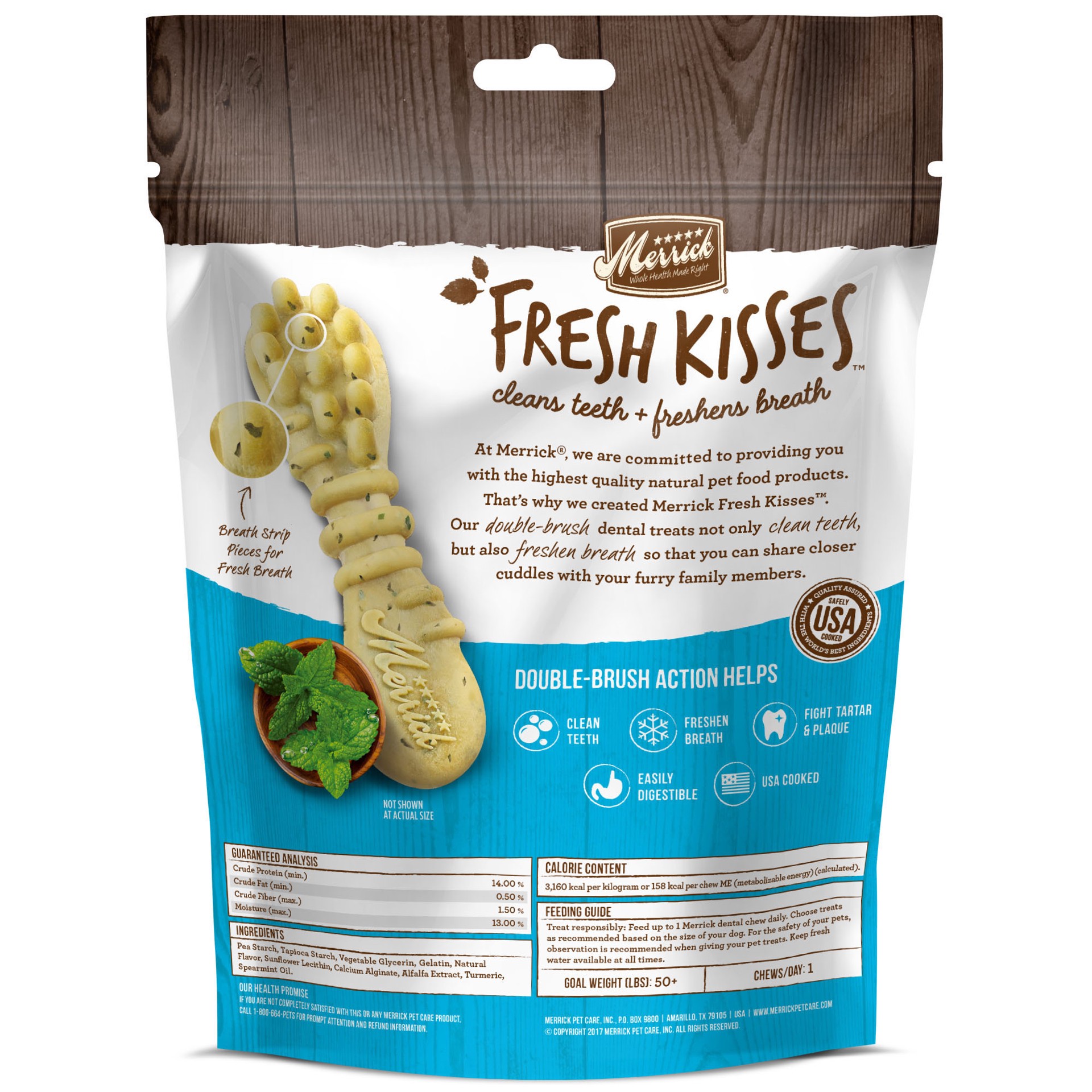 slide 4 of 5, Merrick Fresh Kisses Natural Dental Chews, Toothbrush Shape Treat Infused With Real Mint, For Large Dogs, 6.5 oz