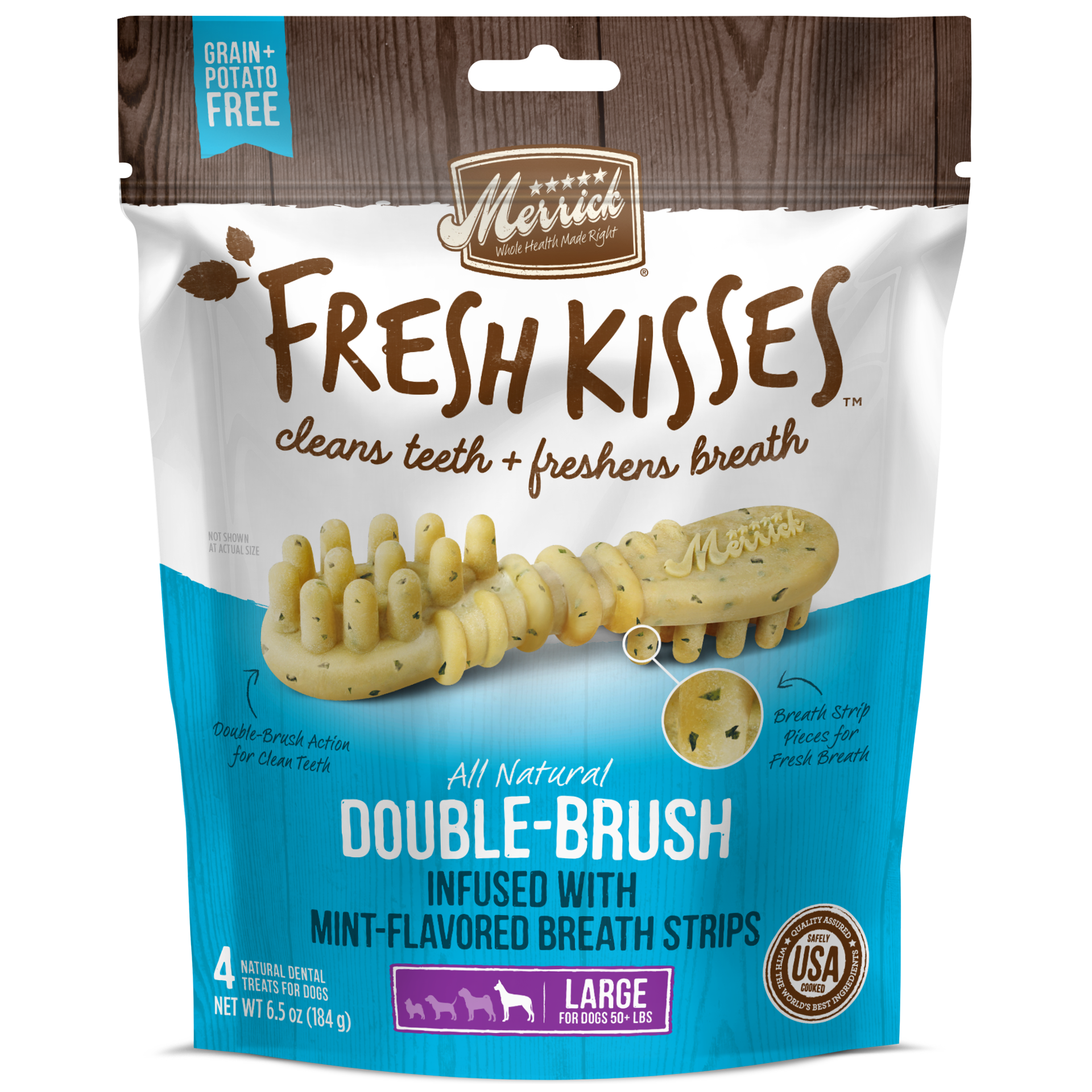 slide 1 of 5, Merrick Fresh Kisses Double-Brush Dental Dog Treats With Mint Breath Strips For Large Breeds - 6.5 oz Bag with 4 Brushes, 6.5 oz