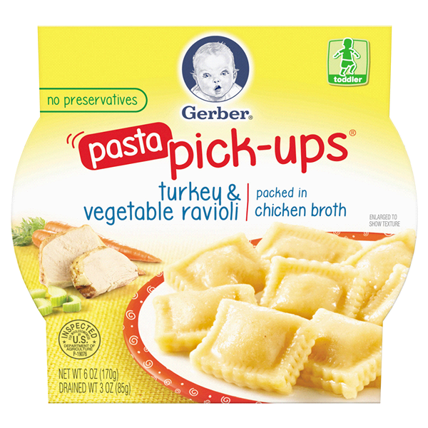 slide 1 of 1, Gerber Pasta Pick-Ups Toddler Pasta Turkey & Vegetable Ravioli Packed In Chicken Broth, 6 oz