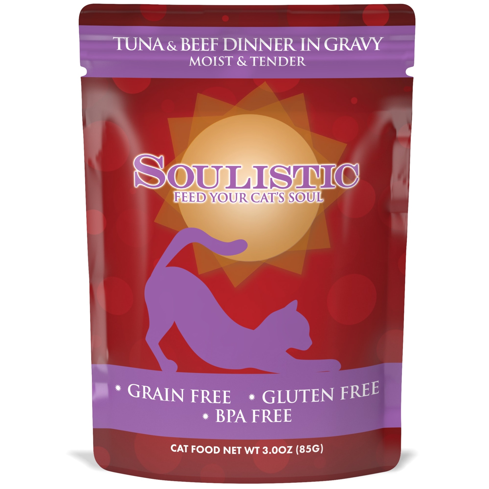 slide 1 of 1, Soulistic Moist & Tender Tuna & Beef Dinner in Gravy Adult Cat Food Pouches, 3 oz