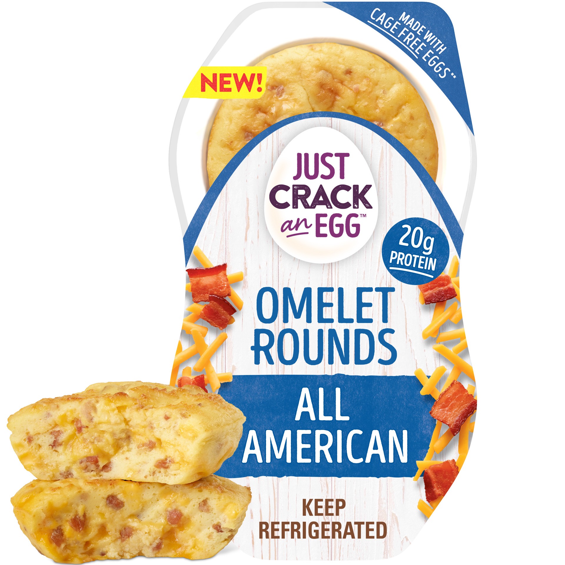 slide 1 of 8, Just Crack an Egg Omelet Rounds All American Egg Bites with Eggs, Uncured Bacon and Sharp Cheddar Cheese Pack, 2 ct
