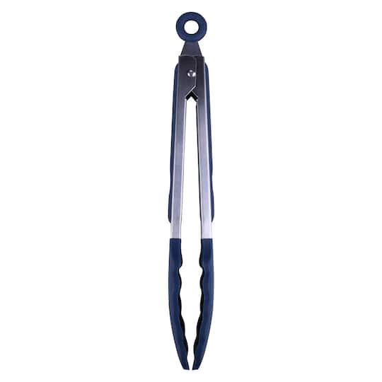 slide 1 of 3, 9" Navy Stainless Steel Silicone Tong By Makery, 9 in