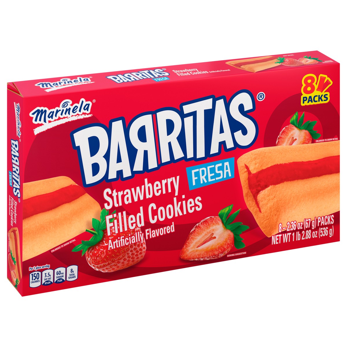 slide 3 of 9, Marinela Barritas Fresa Strawberry Filled Cookies, 8 packs, 18.88 oz, 8 ct