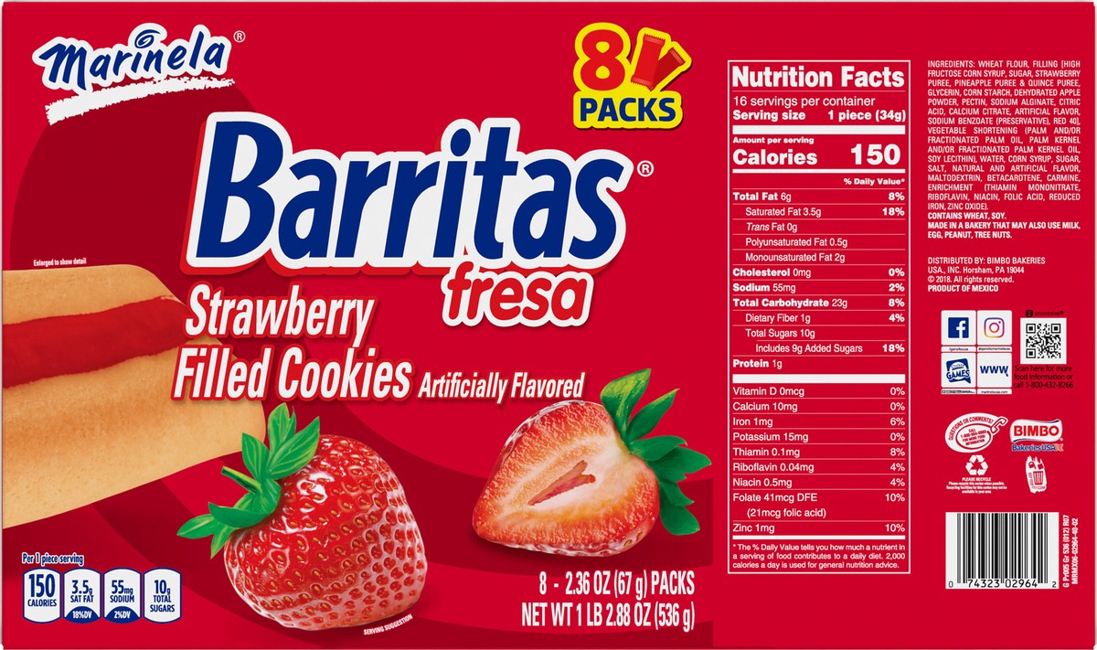 slide 5 of 9, Marinela Barritas Fresa Strawberry Filled Cookies, 8 packs, 18.88 oz, 8 ct