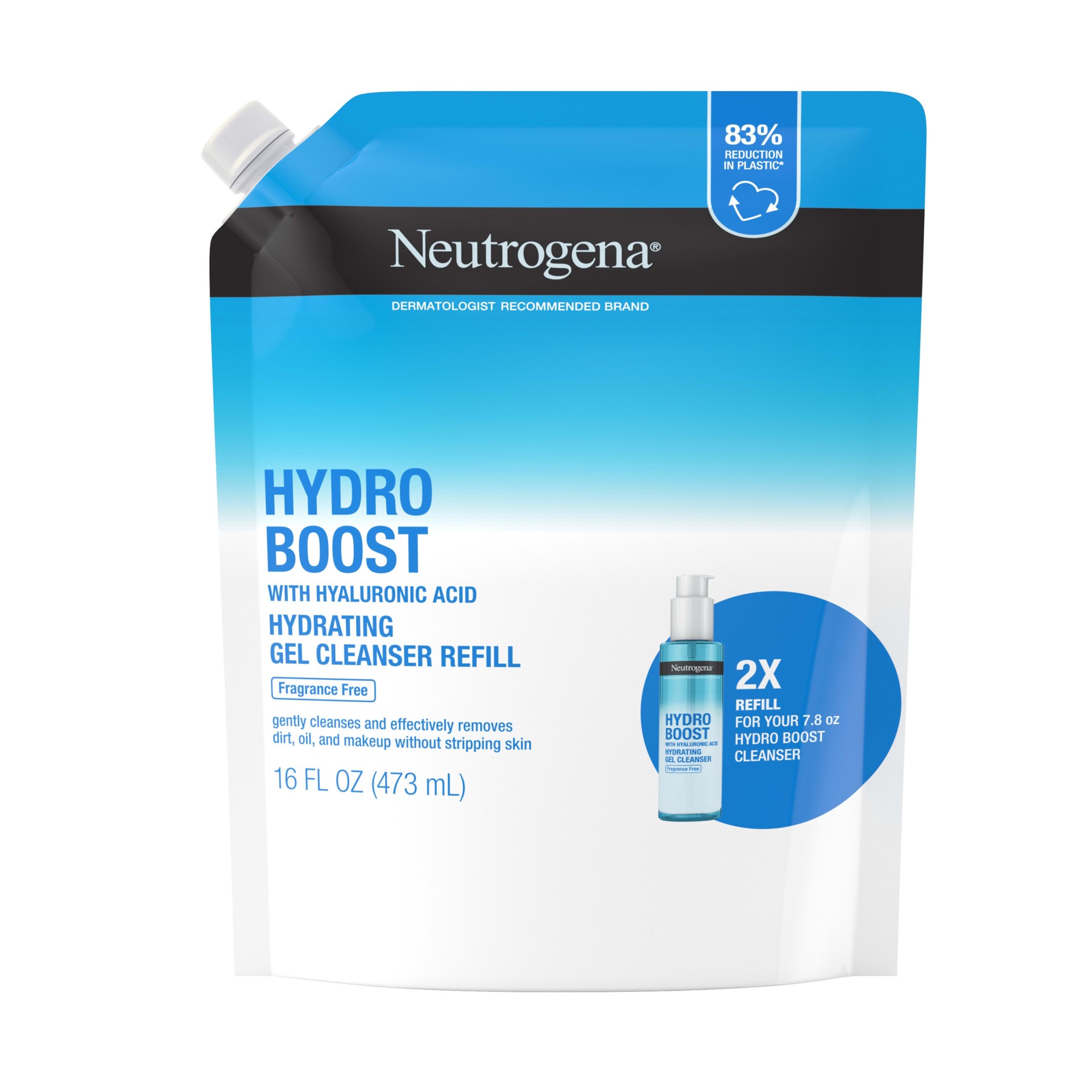 slide 4 of 5, Neutrogena Hydro Boost Hydrating Gel Cleanser, Fragrance Free, Refill Pouch, 16 Fl. Oz, 16 fl oz