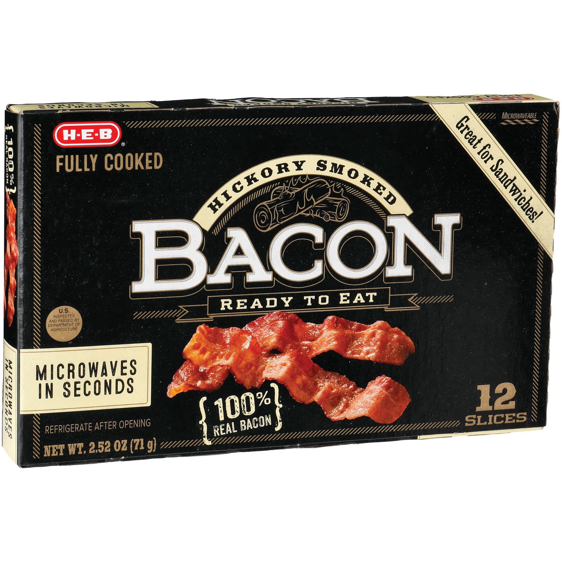 slide 1 of 1, H-E-B Fully Cooked Hickory Smoked Bacon, 12 ct