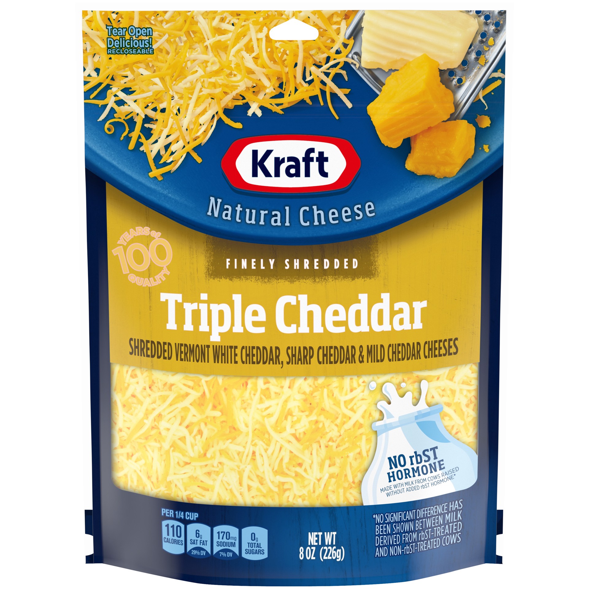 slide 1 of 6, Kraft Triple Cheddar Finely Shredded Cheese, 8 oz Bag, 8 oz