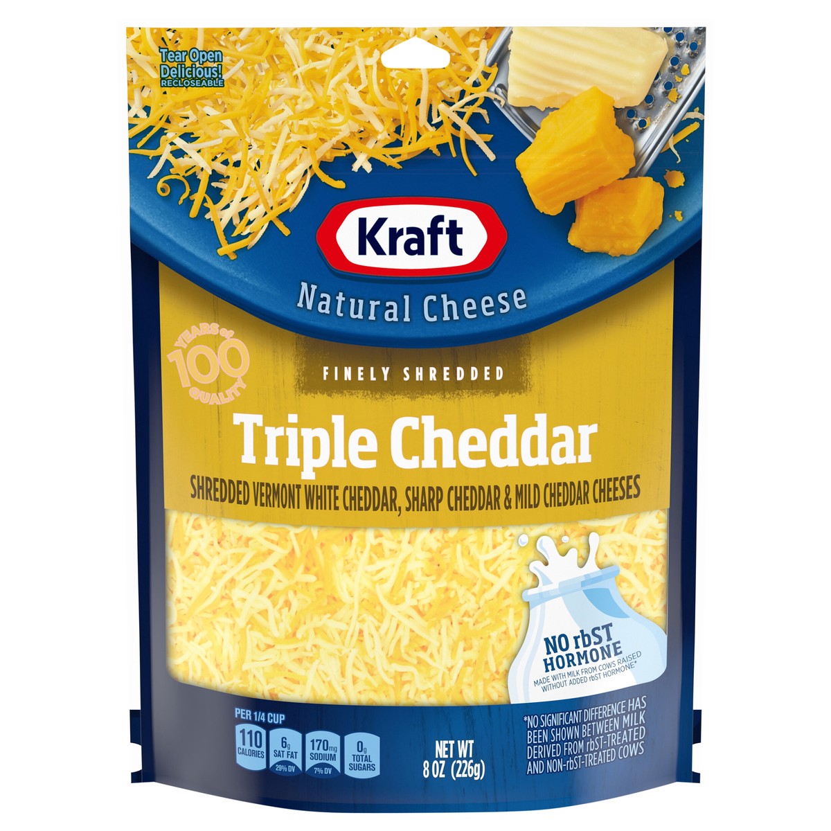 slide 1 of 6, Kraft Triple Cheddar Finely Shredded Cheese, 8 oz Bag, 8 oz