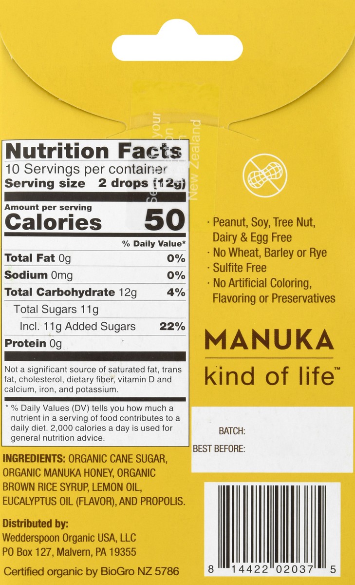 slide 8 of 9, Wedderspoon Organic Manuka Lemon with Bee Propolis Honey Drops 20 ea, 20 ct