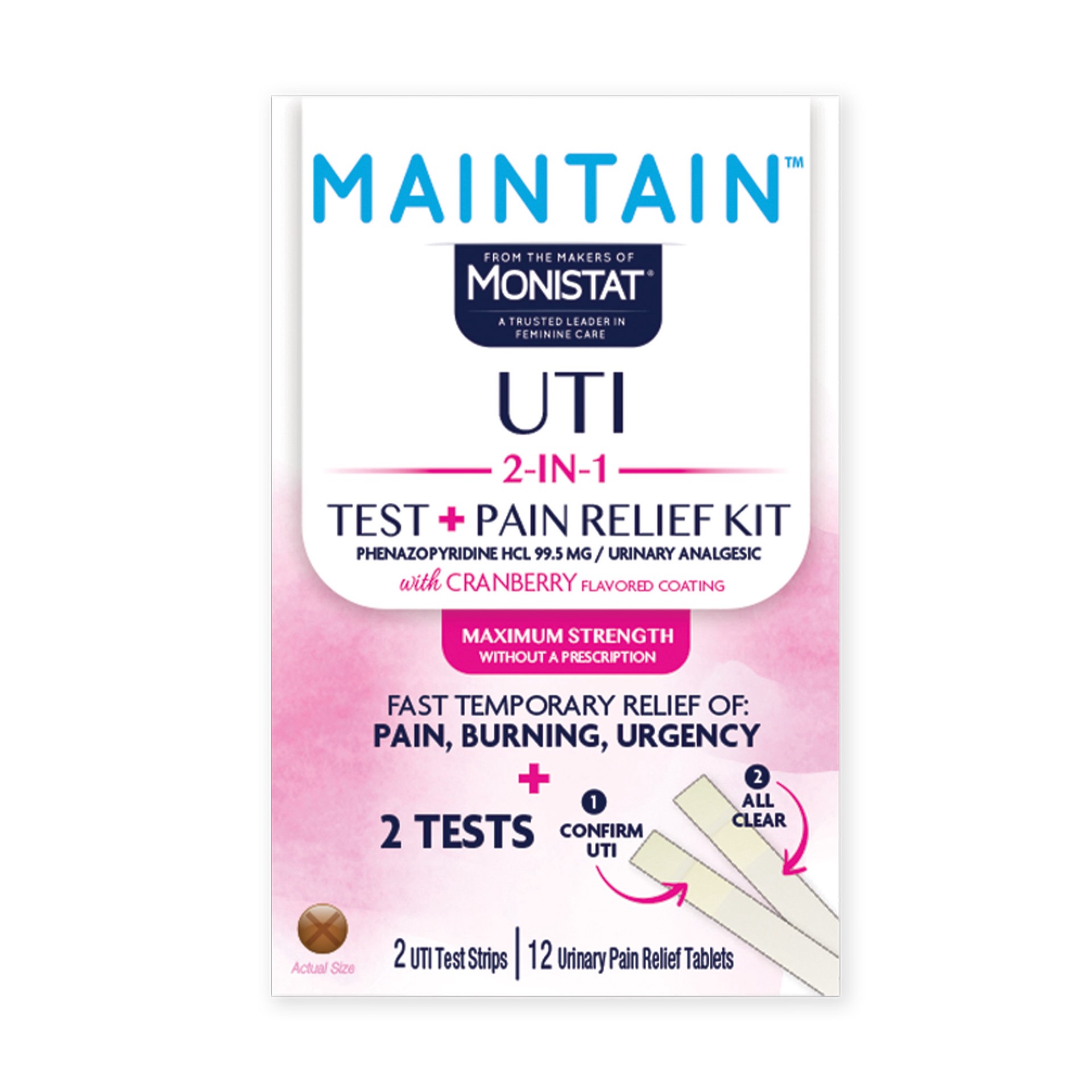 slide 1 of 1, Monistat Maintain UTI Kit, 2-in-1 Urinary Tract Infection Kit, 2 UTI Test Strips and 12 UTI Pain Relief Tablets, 12 ct